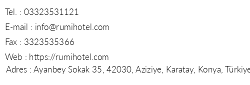 Rumi Hotel telefon numaralar, faks, e-mail, posta adresi ve iletiim bilgileri